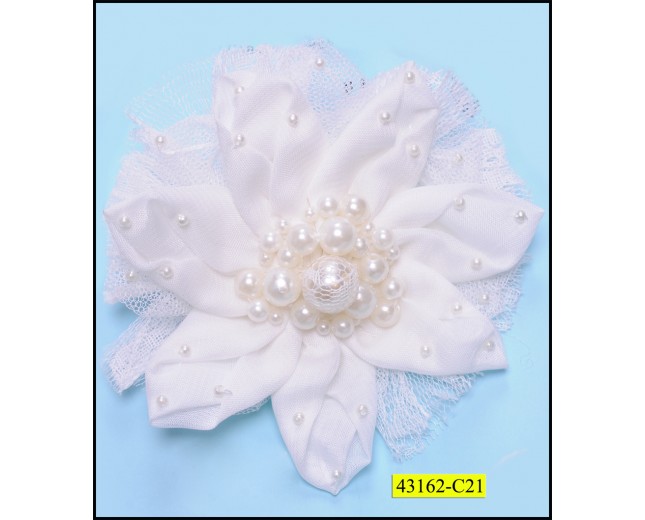 Silk Flower Applique with Chiffon and pearls 12cm White
