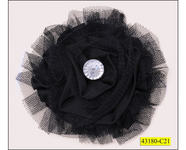 Flower chiffon with mesh and center Rhinestone 4" Black