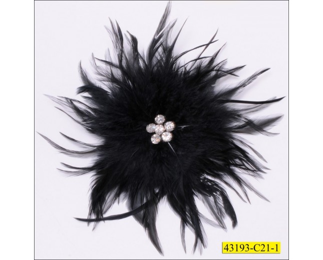 Brooch flower with feathers and stone 8'' Black