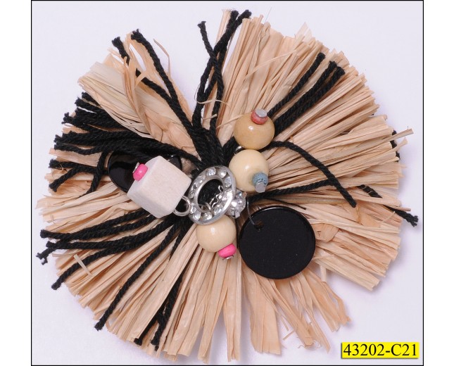 Straw Brooch with cord, beads and Rhiestones 2 3/4"