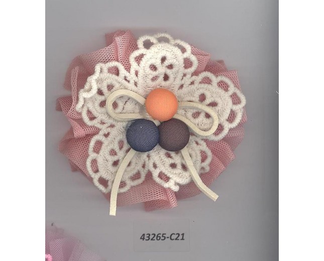 Flower w/mesh/suede bow & 3 buttons 3"