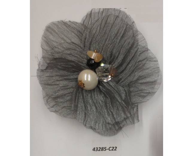 Flower Brooch w/Beads& Rstones 3" Grey
