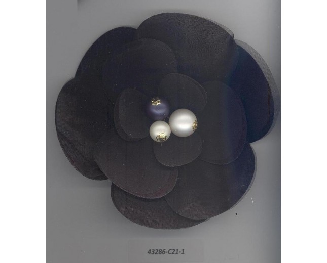 Flower Brooch w/3 pearls 5" Ivory/Navy/Gold/BLK