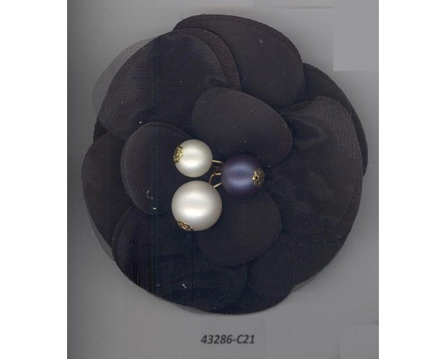 Flower Brooch w/3 pearls 3 1/2"Ivory/Navy/Gold/BLK