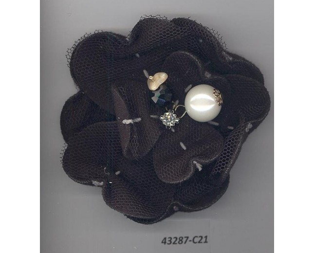 Flower Brooch 3/Pearls&Rstone3"Ivory/Clear/Black