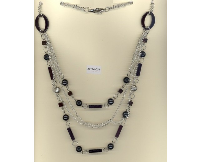 Necklace Beaded w/Chain 17"Black/Silver