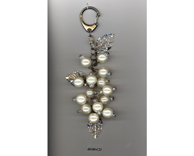 Keychain w/pearls/beads/leaves 5" Ivo/nickle