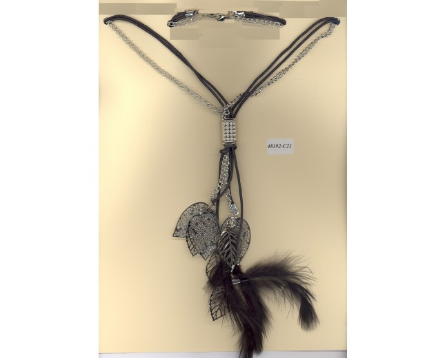 Necklace cord/chain w/feathers/leaves BLK/SIL