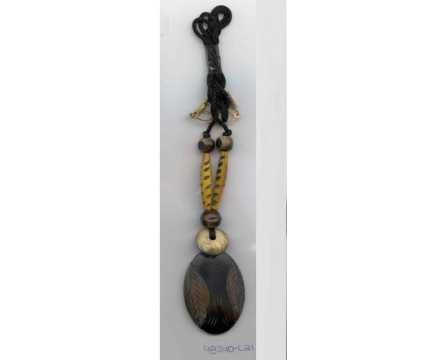 Oval Blk Horn Pendant w/ Etched Leaves  + Beads