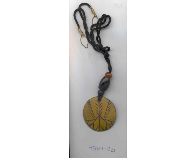 Round Brown Horn Pendant w/ Blk Cord 17 1/2"