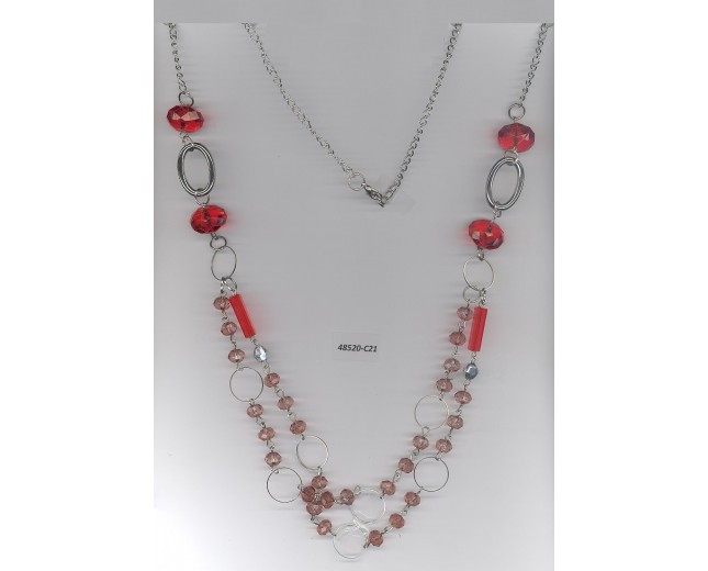 Necklace w/round&long beads&rings Silver/Red