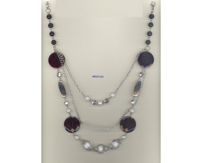 Necklace w/muti size & shape beads &pearl Sil/NicBlack