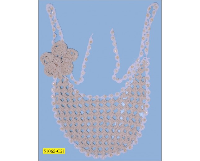 Applique Beaded Crochet Neck 8 5/8" with 12" Strings White and Natural