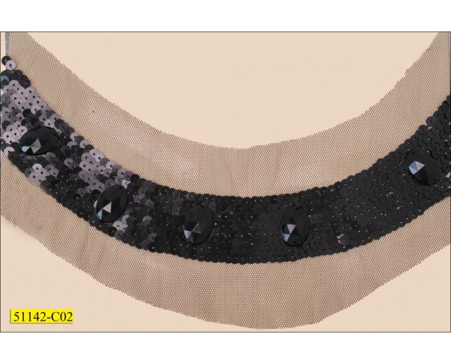 Collar Sequins Applique 1/2 Moon Shape with 5 Big Stones 14x5" Black