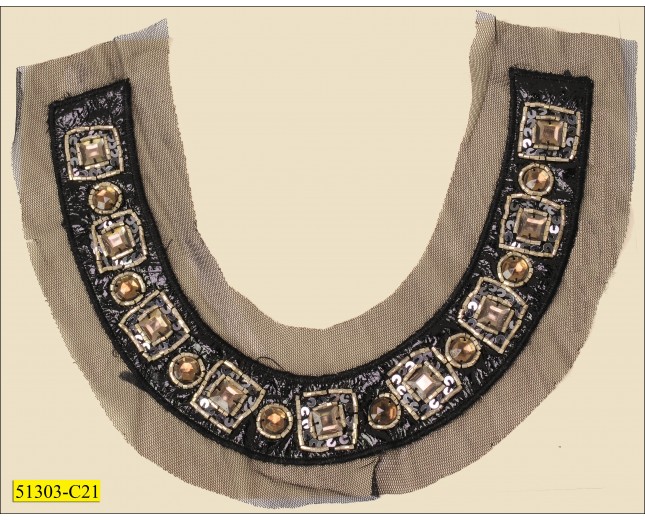 Collar Applique Beaded on Leather and on Mesh 10x7" Black and Coffee