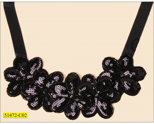 Collar Beaded and Sequins Floral Applique with Strap 9"x4 1/2" Black