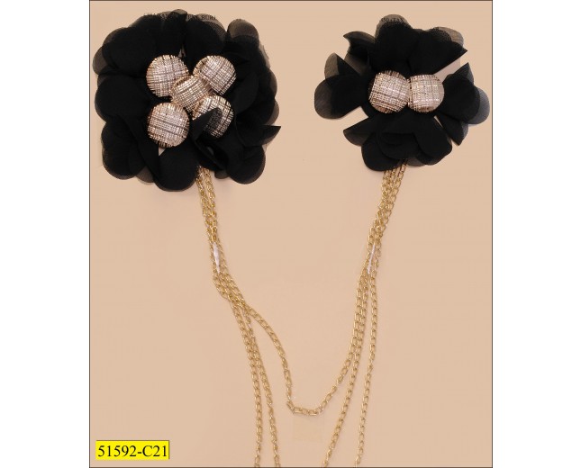 Collar with 2 Black chiffon flower and 3 hanging Gold chain with beads