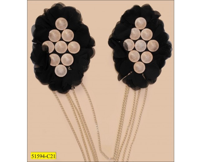 Collar with 2 Black Chiff flower and hanging Gold Chains with beads Diamond