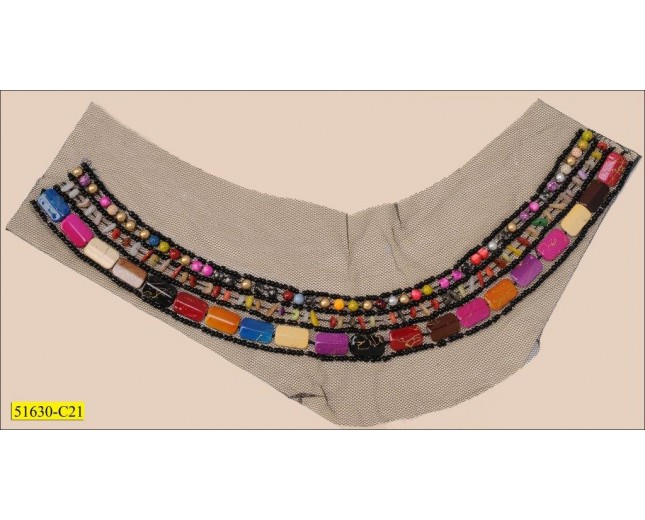 Collar Applique beaded round on mesh 13 1/4x13/8" Multicolors and Black