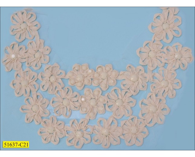 Collar Applique U-shape with flowers and pearls on mesh 11x10 1/2" Natural