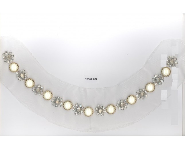 Collar half moon w/Rstone&pearl beads9 1/2x4Clear/Ivory