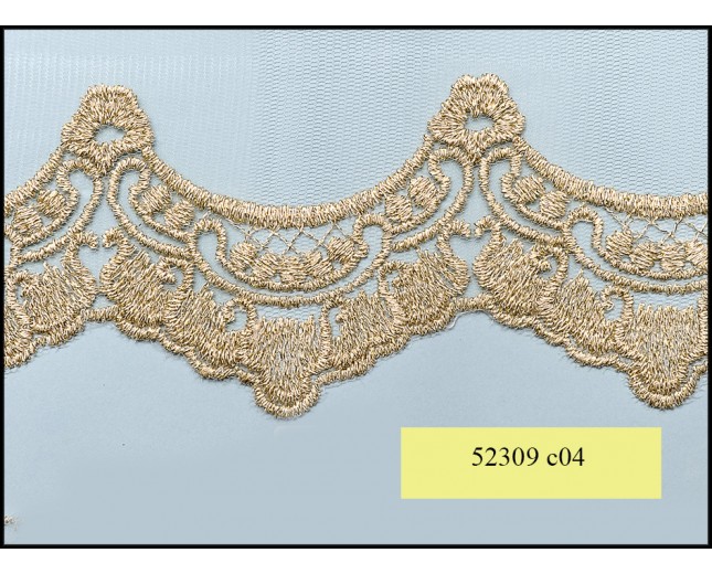 Gold Embroidery 3 1/2" Lace On White Net Scallop Edge