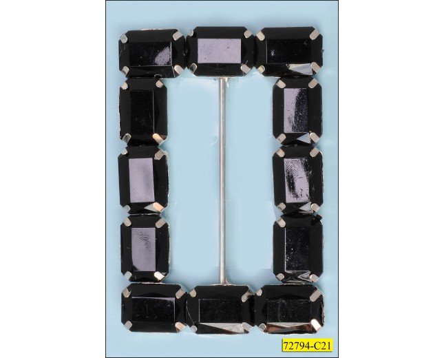 Buckle Rectangle with Bar and Acrylic Stone Around Inner Diameter 2" Black and Silver