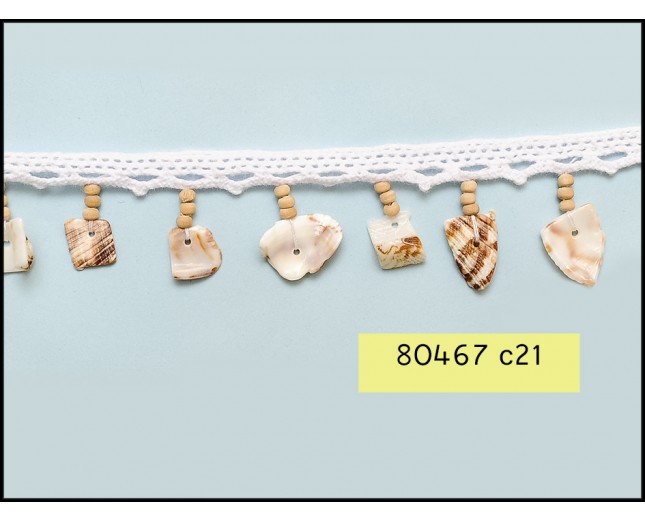 Beaded and Shell Fring with Crochet Lip 1" White, Ivory and Brown