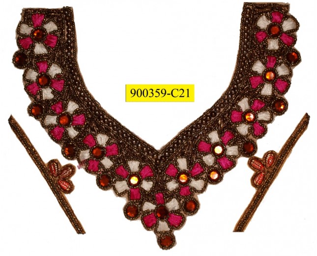 Collar Beaded Floral V shape Applique 10 1/4" x 9 3/4" Multicolor