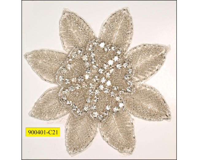 Applique flower with beads 5" Silver and White