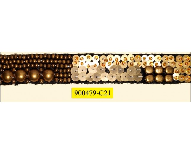 Multi size beads and sequins on Black 1" Gold