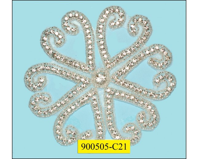 Applique rhinestone round with heart edges 5 1/2" Clear