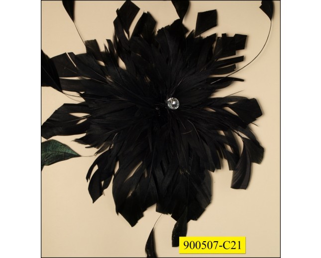 Feathered brooch with Clear Center Rhinestone 8" Black