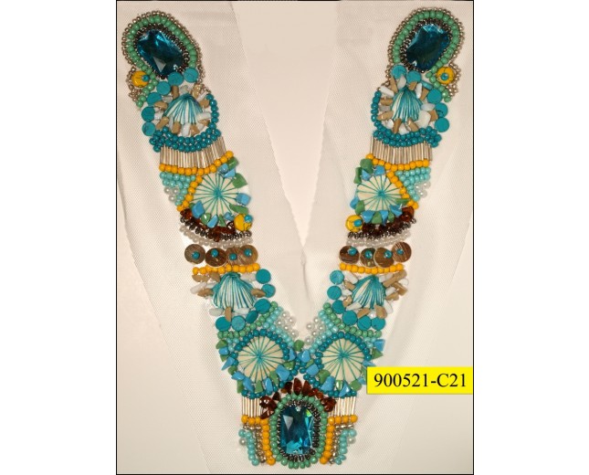 Collar Appique "V" shape beads, shells and pearls 8 x 9 1/2" Multicolor