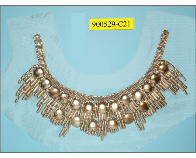 Collar Applique "U" shape multisize metal beads on White mesh 11x4" Nickel