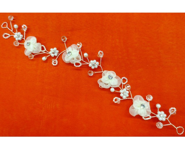 Hair band w/organza flowers/pearls/RS Ivo/Pink/Sil