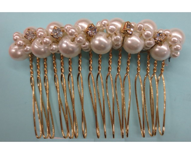 Hair Clip w/Rstones& 2kind of pearlsClr/Ivory/Gold