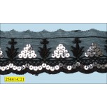 Sequin Embroidered On Black Scallopped Mesh 2 3/4" Silver