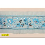 Sequins Floral Embroided 2" On White Organza with Rust Lurex Blue