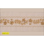 Beaded and Sequins Gold Lurex Embroidered 1 1/2" on White Organza Gold and White