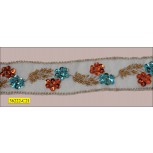 Beaded and Sequins Embroidered On Organza 1 1/2" Blue, Turquoise and Orange