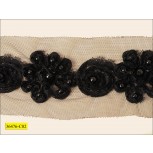 Beaded Fancy Flower with Stone on Mesh 3 1/2" Black
