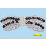 Rhinestone Bow with Beads Hot Fix 5 1/2"x2" Black, Clear and White