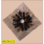 Applique Beaded On Square Mesh with Stone Center 2" Black, Brown and Clear
