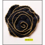Flower Brooch with Ball Chain on Edges 2 3/4" Black and Gold