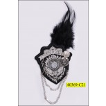 Military Brooch with Feather and Hanging Chain 3 3/4" Black