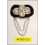 Applique with 4 pearls and rhinestone and hanging chain 2 1/2" Black and White