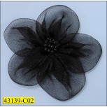 Brooch Flower Organza with 5 Petal Bead on Center with Pin 2" Black