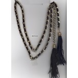 Necklace chain w/ins.S/ribbon & tassels Blk/Gold