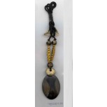 Oval Blk Horn Pendant w/ Etched Leaves  + Beads